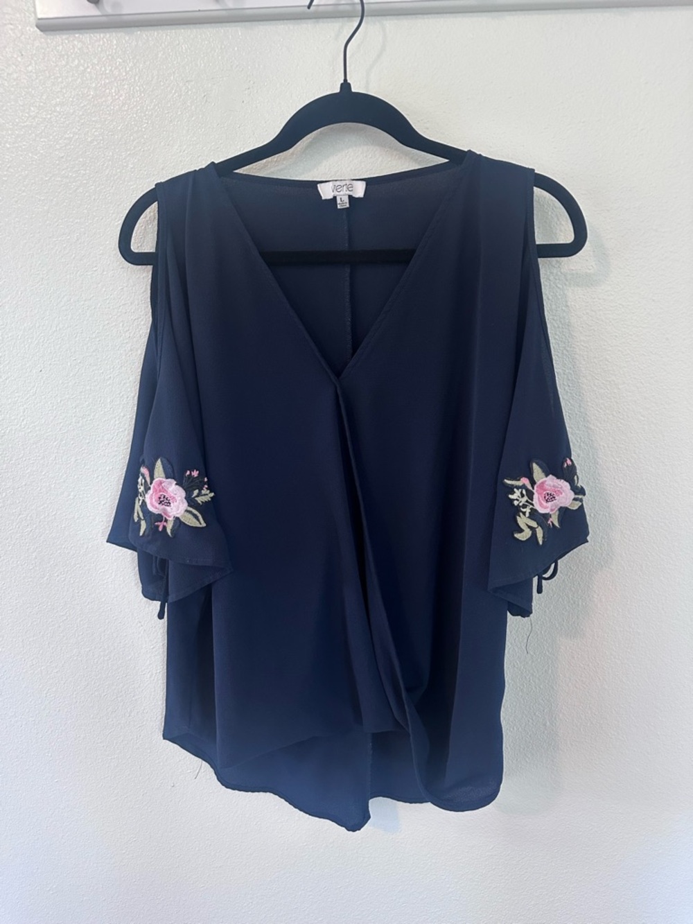 Verte Navy Cold-Shoulder Blouse with Pink Floral Embroidery